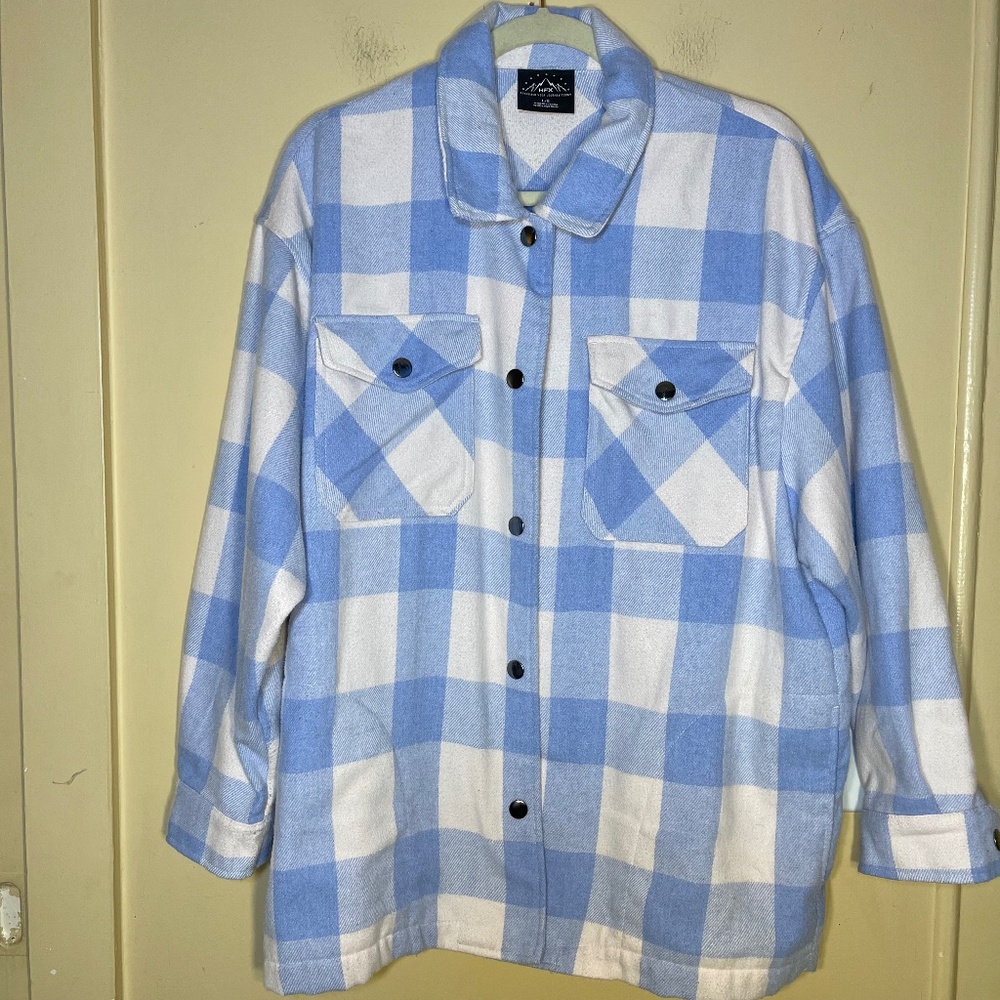 Flannel Gingham Light Blue and White Plaid Men's Button-Up Sweater Jacket